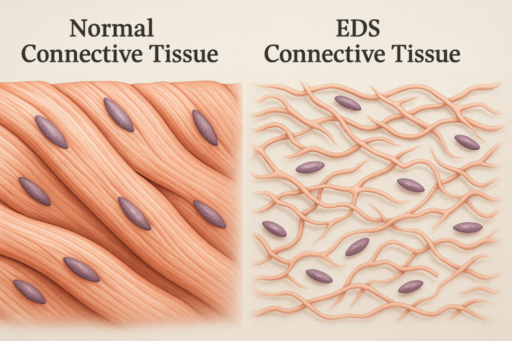 Illustration showing weak connective tissue in someone with Ehlers Danlos Syndrome vs someone with normal connective tissue. 